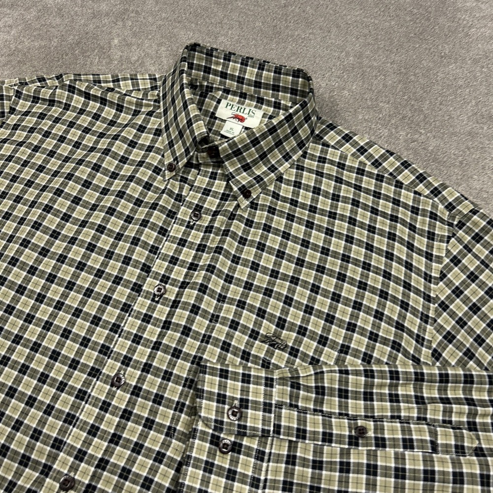 Perlis Shirt Mens XL Long Sleeve Button Down Black Tan Plaid Crawfish Logo
